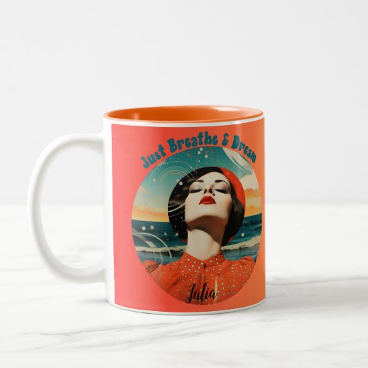 Retro Just Breathe & Dream Orange coffee mug ツートーンマグカップ (左)