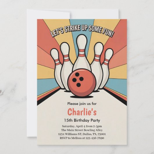 Retro Kids Bowling Birthday Party 招待状 (正面)