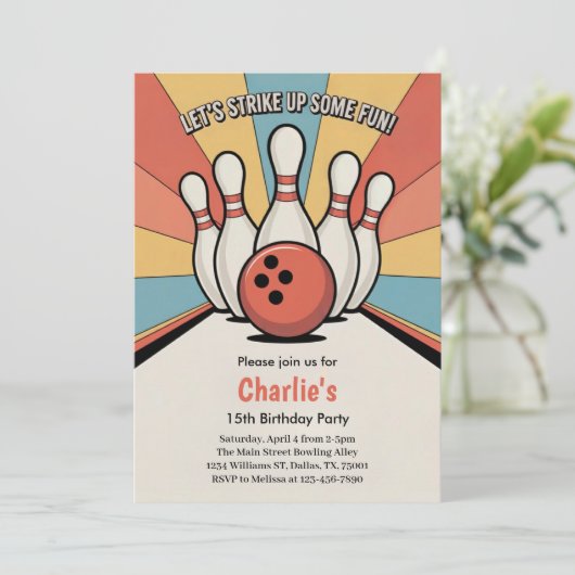 Retro Kids Bowling Birthday Party 招待状 (スタンド正面)