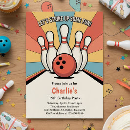 Retro Kids Bowling Birthday Party 招待状