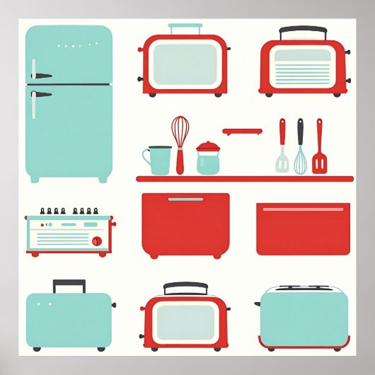 Retro Kitchen Appliances Pattern ポスター (正面)