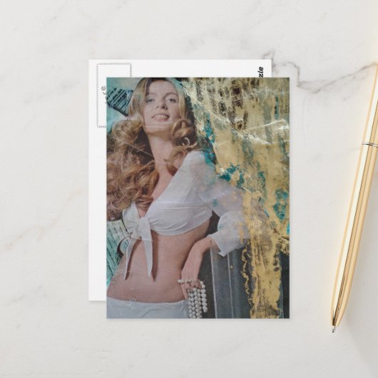 Retro lady with pearls Mixed media collage ポストカード (正面/裏面インサイチュ)