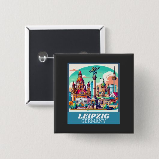 Retro Leipzig Skyline 缶バッジ (正面&裏面)