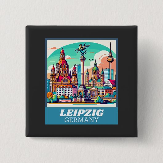 Retro Leipzig Skyline  缶バッジ (正面)