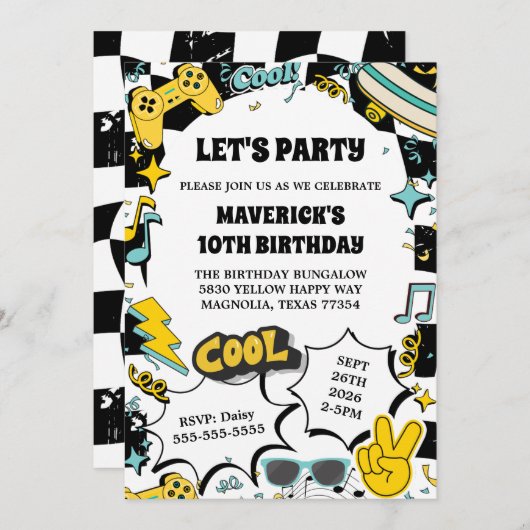 Retro Let's Party Birthday 招待状 (正面/裏面)