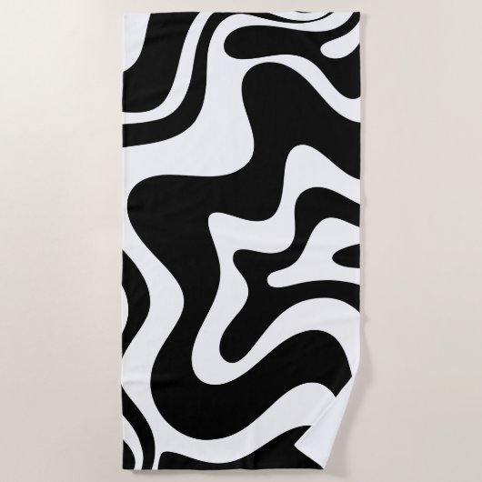 Retro Liquid Swirl Abstract Pattern Black & White ビーチタオル (正面)
