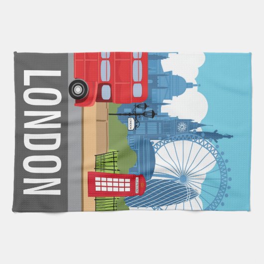 Retro London Tea Towel – Iconic Landmarks キッチンタオル (横)