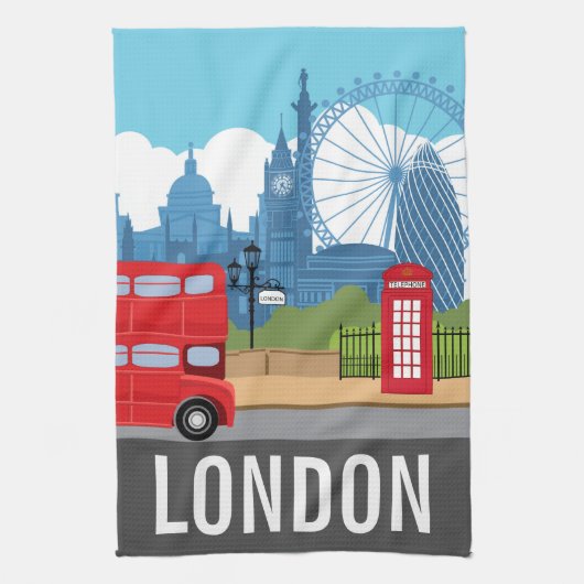 Retro London Tea Towel – Iconic Landmarks キッチンタオル (縦)