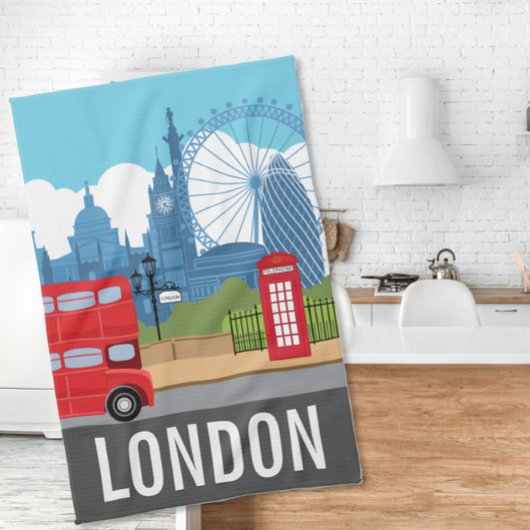 Retro London Tea Towel – Iconic Landmarks キッチンタオル