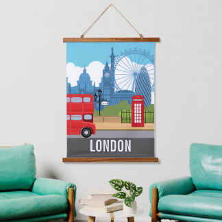 Retro London travel print – Iconic Landmarks 吊り下げ型タペストリー