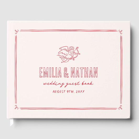 Retro Love Struck Hand Drawn Cupid Modern Wedding ゲストブック (正面)