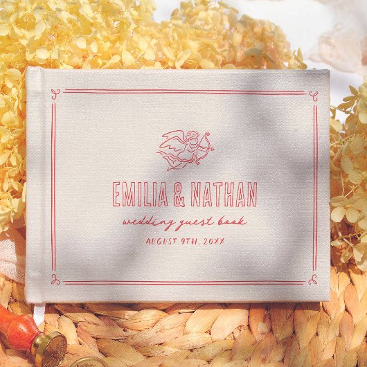 Retro Love Struck Hand Drawn Cupid Modern Wedding ゲストブック