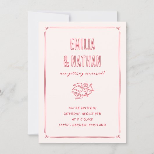 Retro Love Struck Hand Drawn Cupid Photo Wedding 招待状 (正面)