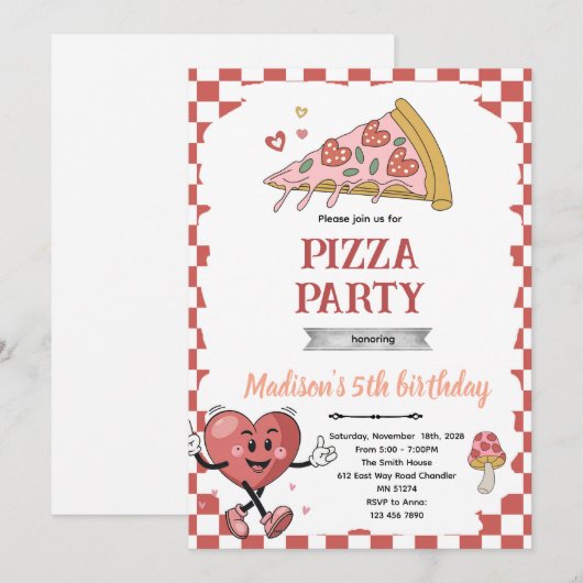 Retro love you two pizza invitation 招待状 (正面/裏面)