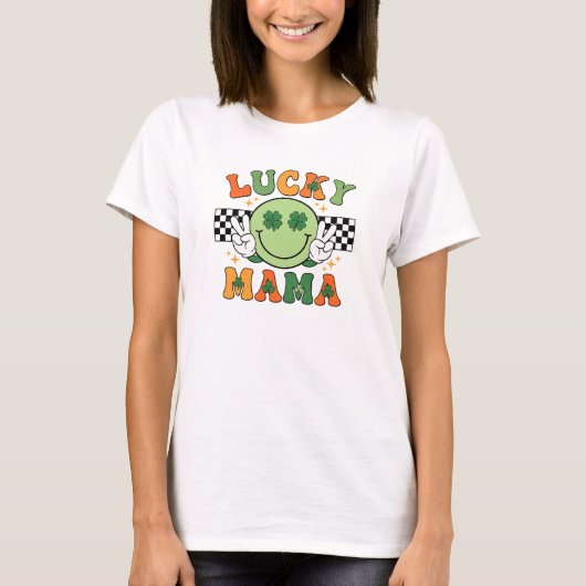 Retro Lucky Mama Smiley Face Shamrock Art Tシャツ (正面)
