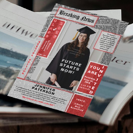 Retro Magazine Cover Newspaper Style Graduation  招待状