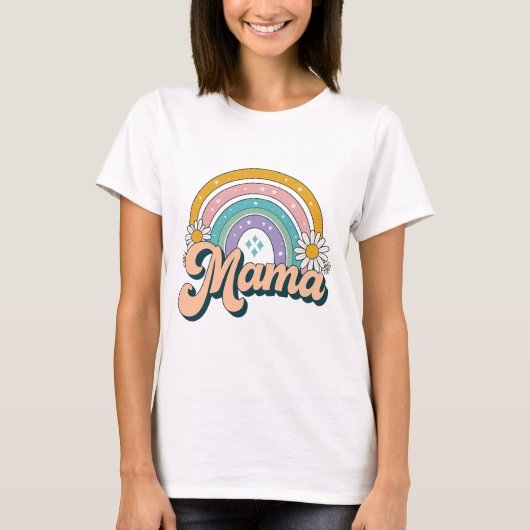 Retro Mama Rainbow | Groovy 70s Pastel Floral Mom  Tシャツ (正面)