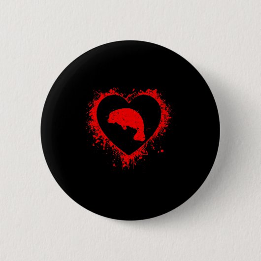 Retro Manatee Valentines Day Heart Shape My Valent 缶バッジ (正面)