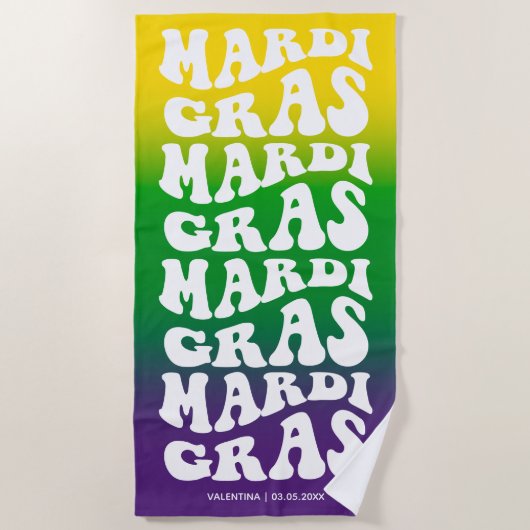 Retro Mardi Gras Design Ombre Monogram ビーチタオル (正面)