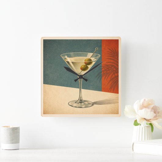 Retro Martini Cocktail Wall Clock Mid Century Bar スクエア壁時計 (ホーム)