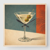 Retro Martini Cocktail Wall Clock Mid Century Bar スクエア壁時計 (正面)