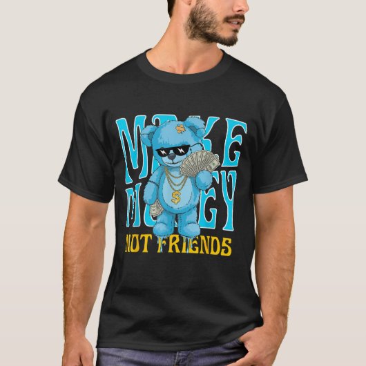 Retro Matching Gamma Blue Make Money Not Friends Tシャツ (正面)