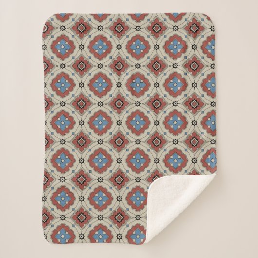 Retro Mediterranean Tile Pattern in Red, Beige シェルパブランケット (正面)