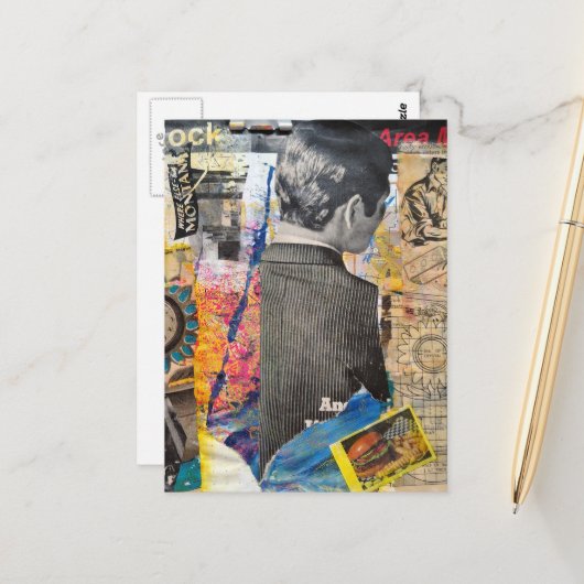 Retro men working Mixed media collage ポストカード (正面/裏面インサイチュ)