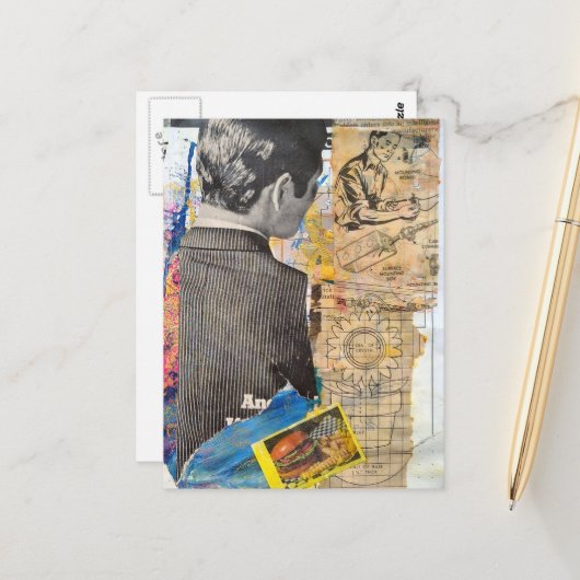 Retro men working Mixed media collage ポストカード (正面/裏面インサイチュ)
