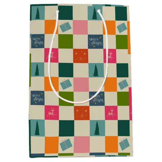 Retro Merry and Bright Christmas Wrapping Paper ミディアムペーパーバッグ (正面)