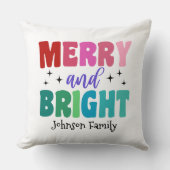 Retro Merry and Bright Customizable Name Christmas クッション (正面)