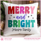Retro Merry and Bright Customizable Name Christmas クッション