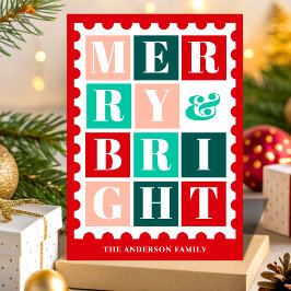 Retro Merry & Bright Christmas Postage Stamp シーズンカード