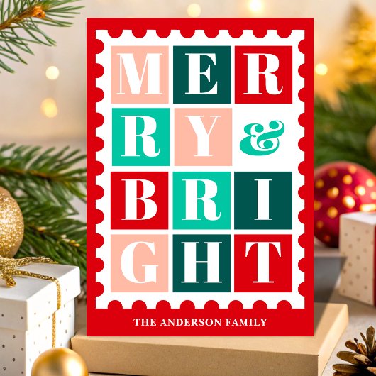 Retro Merry & Bright Christmas Postage Stamp シーズンカード