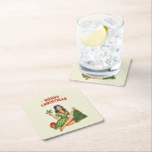 Retro Merry Christmas Pin-Up Paper Coaster スクエアペーパーコースター (インサイチュ)