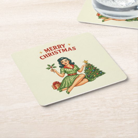 Retro Merry Christmas Pin-Up Paper Coaster スクエアペーパーコースター (アングル)