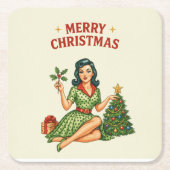 Retro Merry Christmas Pin-Up Paper Coaster スクエアペーパーコースター (正面)