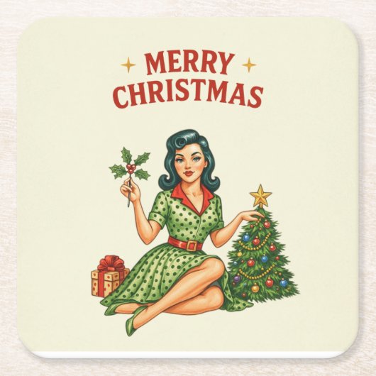 Retro Merry Christmas Pin-Up Paper Coaster スクエアペーパーコースター (正面)