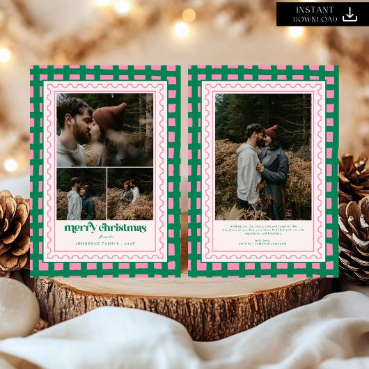 Retro Merry Christmas Plaid family Photo Holiday シーズンカード