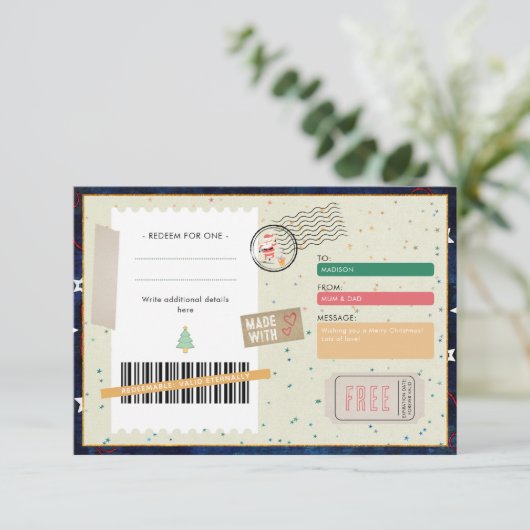 Retro Merry Christmas Script Xmas Gift Coupon (スタンド正面)