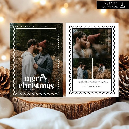 Retro Merry Christmas Stamp family Photo シーズンカード
