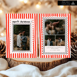 Retro Merry Christmas Stamp Sripes family Photo シーズンカード