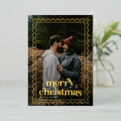Retro Merry Christmas Trendy photo family 箔シーズンカード (立ち正面)