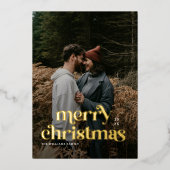 Retro Merry Christmas Trendy photo family  箔シーズンカード (正面)