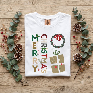 Retro Merry Christmas Typographic Wreath and Gift トライブレンドTシャツ