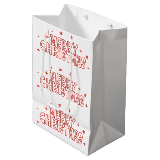 Retro Merry Christmas Typography ミディアムペーパーバッグ (正面アングル)