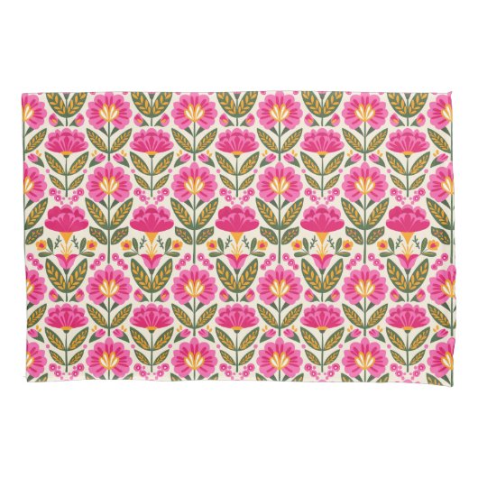 Retro Mexican Talavera Flowers Pink Boho Floral  枕カバー (正面)