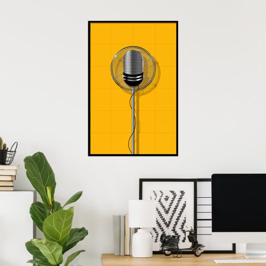 Retro Microphone on Bold Yellow ポスター (ホームオフィス)