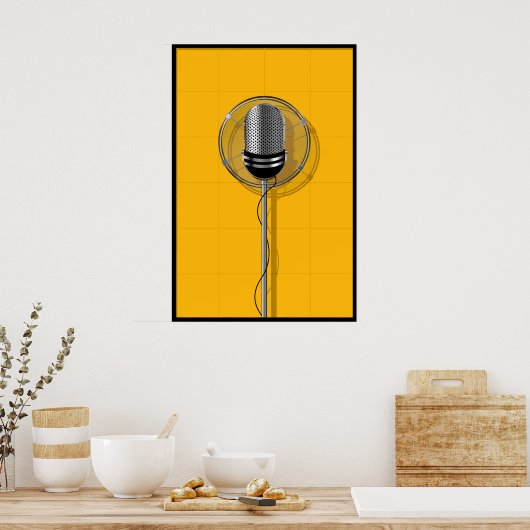 Retro Microphone on Bold Yellow ポスター (キッチン)