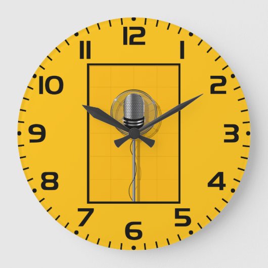 Retro Microphone on Bold Yellow ラージ壁時計 (正面)